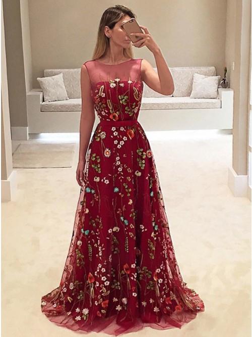 Dark Red Bateau Tulle A-Line Long Prom Dress with Floral Embroidery