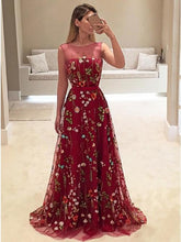 Dark Red Bateau Tulle A-Line Long Prom Dress with Floral Embroidery