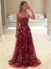 Dark Red Bateau Tulle A-Line Long Prom Dress with Floral Embroidery
