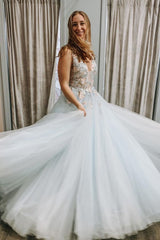 Floral Appliques V-Neck Long Prom and Graduation Dress