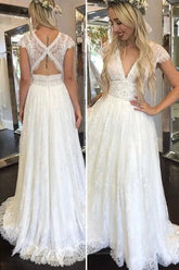 Deep V-Neck Keyhole Back A-Line Lace Bohemian Wedding Dress