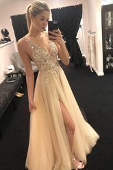Deep V-Neck Beading Tulle Sleeveless Long Prom Dress with Split