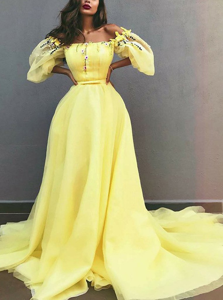 Disney Princess Yellow Off-Shoulder Chiffon Puff Sleeve Prom Dress
