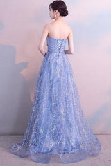 Dusty Blue Tulle Strapless Beaded A-Line Long Prom Dress