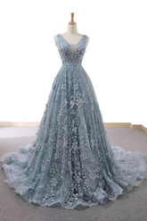 Dusty Blue Tulle Long Prom Dress with Appliques, Formal Gown