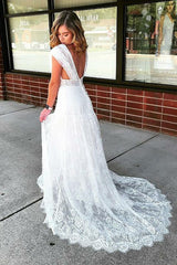 Elegant A-Line V-Neck Lace Beach Wedding Dress, Bohemian Bridal Gown