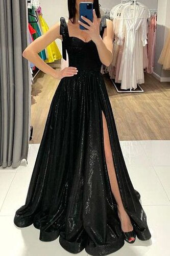 Elegant A-Line Tie-Straps Black Sequin Prom Dress with Slit