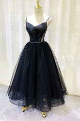 Elegant Black Tulle Tea Length Prom Dress Spaghetti Straps Party Dress