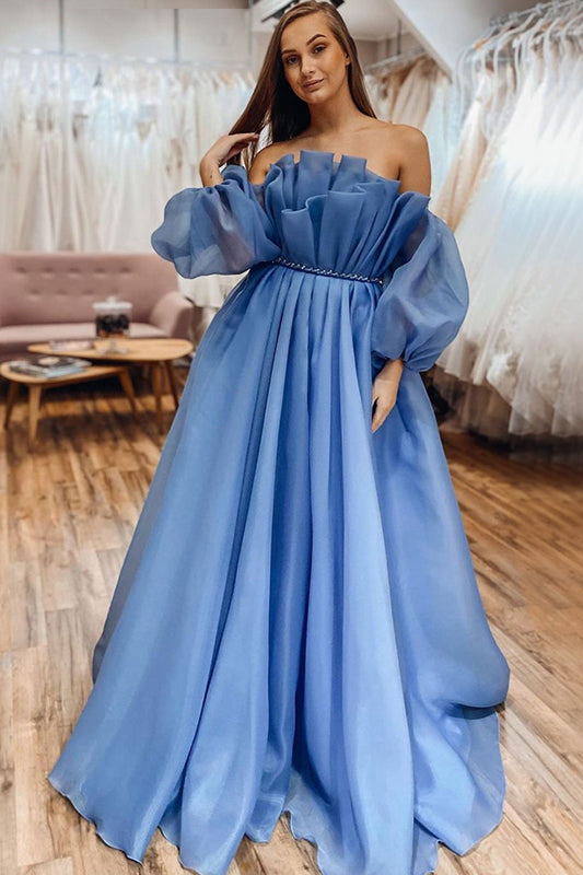Elegant Blue Off-Shoulder Bubble Sleeves A-Line Ruffle Long Prom Dress