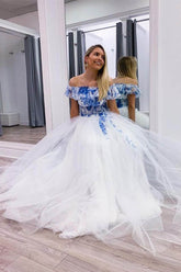 Elegant Blue White Tulle Long Prom Dress, Off-the-Shoulder Evening Gown