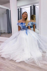 Elegant Blue White Tulle Long Prom Dress, Off-the-Shoulder Evening Gown