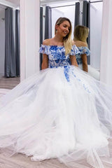 Elegant Blue White Tulle Long Prom Dress, Off-the-Shoulder Evening Gown