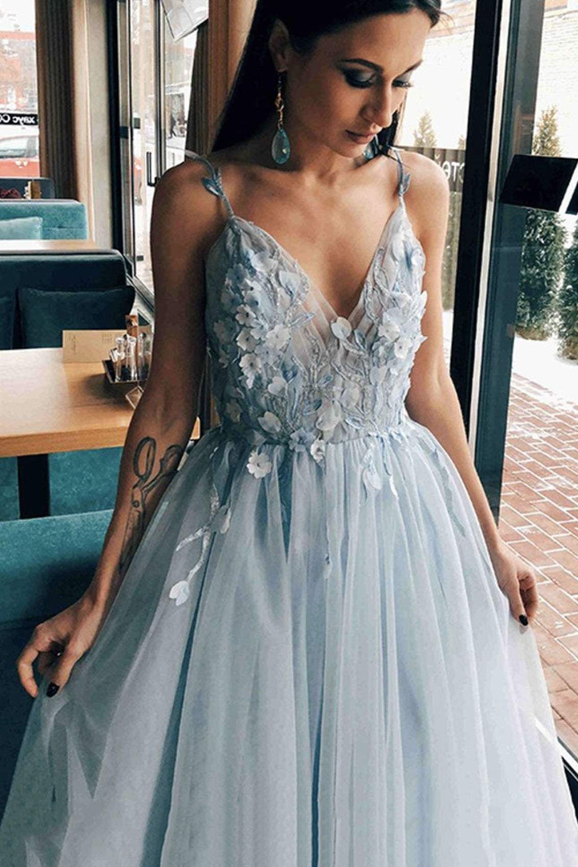 Elegant Dusty Blue Floral A-Line V-Neck Long Prom Dress