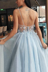 Elegant Dusty Blue Floral A-Line V-Neck Long Prom Dress