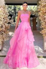 Elegant Pink Strapless A-Line Long Prom Evening Dress