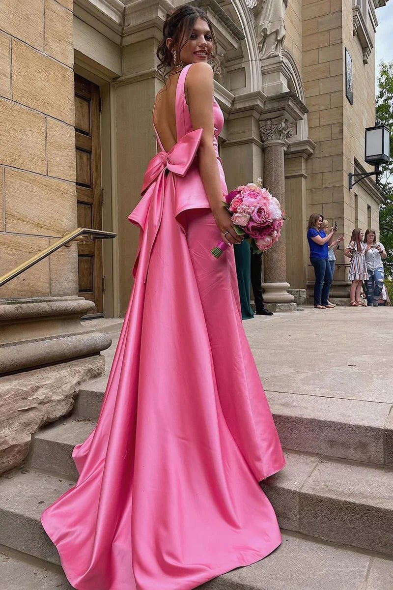 Elegant Sheath Pink Satin Long Prom Dress with Bowknot