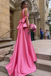 Elegant Sheath Pink Satin Long Prom Dress with Bowknot