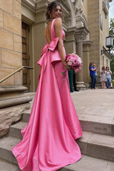 Elegant Sheath Pink Satin Long Prom Dress with Bowknot