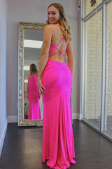 Elegant Spaghetti Straps Mermaid Hot Pink Long Prom Dress