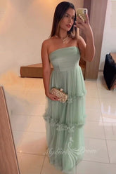 Elegant Strapless Long Mint Green Tulle Prom Dress
