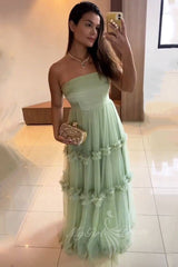 Elegant Strapless Long Mint Green Tulle Prom Dress