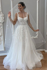 Elegant Straps Beaded Applique A-Line Backless Wedding Dress