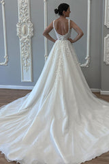 Elegant Straps Beaded Applique A-Line Backless Wedding Dress