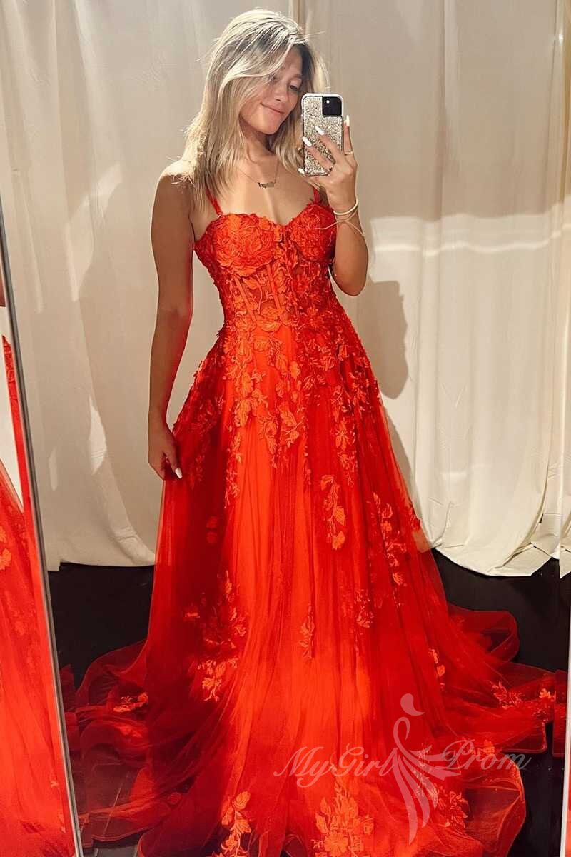 Elegant Straps Red Corset Tulle Prom Dress Long Formal Dress with Appliques
