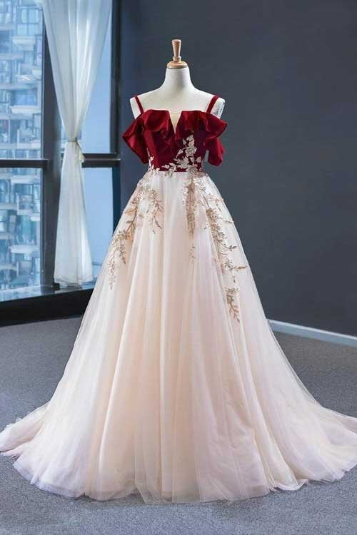 Elegant Straps Tulle and Velvet Red Long Prom Dress