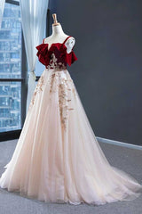 Elegant Straps Tulle and Velvet Red Long Prom Dress
