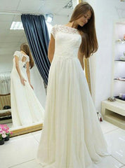 Elegant A-Line Bateau Cap Sleeve Lace Chiffon Wedding Dress