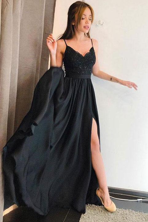 Elegant A-Line Long Black Prom Dress, Spaghetti-Straps Evening Gown with Split