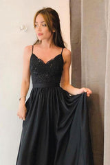 Elegant A-Line Long Black Prom Dress, Spaghetti-Straps Evening Gown with Split