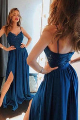 Elegant A-Line Spaghetti-Straps Satin Long Royal Blue Prom Dress with Split