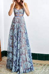 Elegant Blue Lace Prom Dresses Spaghetti-Straps Backless Party Dress
