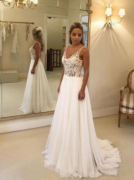 Elegant Chiffon Lace Applique Backless Beach Wedding Dress