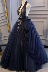 Elegant Navy Blue Long Prom Dress, Halter Floral Appliques Backless Ball Gown
