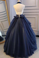 Elegant Navy Blue Long Prom Dress, Halter Floral Appliques Backless Ball Gown