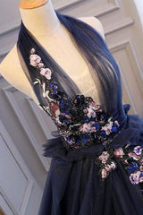 Elegant Navy Blue Long Prom Dress, Halter Floral Appliques Backless Ball Gown