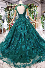 Elegant Scoop Cap Sleeves Prom Dress with Appliques, Military Ball Gown