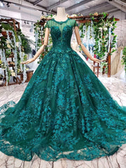 Elegant Scoop Cap Sleeves Prom Dress with Appliques, Military Ball Gown
