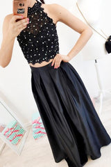 Elegant Two Piece Black Lace Prom Dress, High Neck with Beading