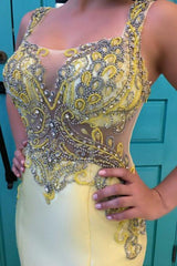 Exquisite Yellow Beaded Bodice Satin Mermaid Prom Dress