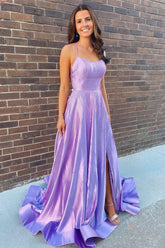 Elegant Lilac Pocket Long Prom Dress with Beading, Slit Evening Gown