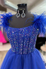 Feather Strap Beaded Royal Blue Tulle Long Prom Dress