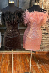 Feathered Strapless Bodycon Short Homecoming Dress