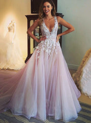 Floral Applique Blush Tulle Wedding Dress with Plunging Neckline