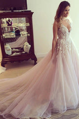 Floral Applique Blush Tulle Wedding Dress with Plunging Neckline