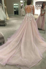 Floral Applique Blush Tulle Wedding Dress with Plunging Neckline