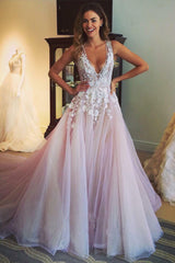 Floral Applique Blush Tulle Wedding Dress with Plunging Neckline